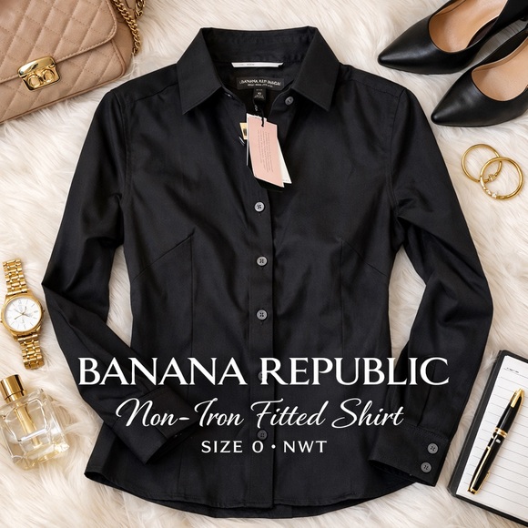 Banana Republic Tops - Banana Republic Non-Iron Fitted Black Button Front Shirt Size 0 NWT
